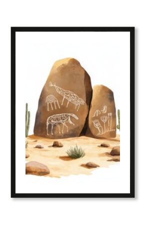 Sahara Rock Art. Sahara Rock Art hand drawn watercolor illustration on white background
