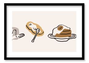 Breakfast food set. Baguette in basket, butter, pancakes with egg, bread on board, toasts in toaster, handdrawn sketches, scribble drawings. Morning snacks in doodle style. Flat vector illustration