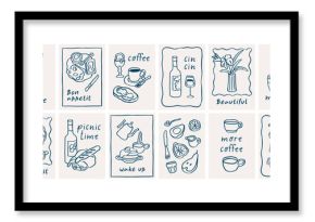 Breakfast cards in doodle Dolce Vita style. Italian posters with morning phrases, snacks, coffee cup, moka pot, flower sketches, scribbles in whimsical coquette frames. Hand-drawn vector illustrations