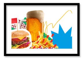 Bright artwork of beer glasses fries and burger on transparent background. Concept of fast food combos, pub meals, casual dining culture and food beverage advertising visuals.