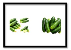 Set of four fresh green cucumbers arranged in piles, showing whole gherkins with yellow flowers and round sliced pieces for healthy eating and salad ingredients