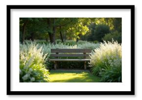 Wooden bench sits in sunlit garden filled with lush green grass and abundant white flowering plants. Tall trees form a natural canopy overhead, creating a peaceful outdoor retreat.