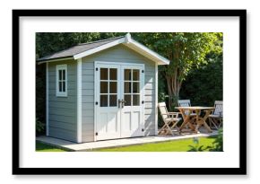 Modern grey garden shed with double doors and window, set in a green backyard. Wooden table and chairs placed outside on paved area. Perfect space for relaxation or storage needs.