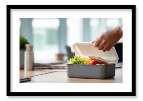 Employee's hand opening a packed lunchbox in a bright modern office setting, revealing a healthy meal prepared at home, emphasizing bring lunch to work and food storage habits