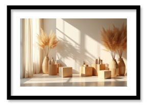 Minimalist room interior with wooden cubes and pampas grass decor. Soft sunlight casts shadows creating a warm neutral aesthetic. Natural light illuminates products on display.