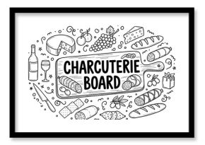 Charcuterie board illustration with cheese, bread, wine, grapes, and olives