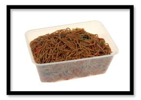 Barquette en plastique de nouilles sautées en gros plan isolée sur fond blanc