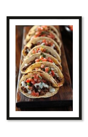 Delicious beef tacos served on a wooden board with fresh salsa and toppings at a restaurant