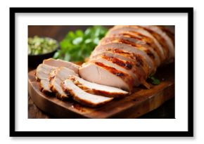 Roasted turkey breast, sliced on a cutting board served with broccoli