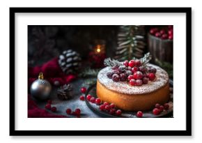 Creative food holiday concept. Sprinkles sugar round pound sponge cake with christmas decoration pine leaf pinecone, candles, holly, berries, glitter balls on dark background. copy text space