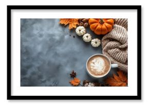 Cozy fall coffee arrangement with pumpkin, knit sweater, and autumn leaves on a gray background