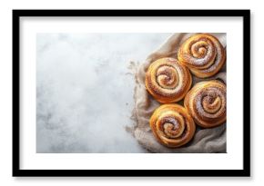 Freshly baked cinnamon rolls resting on a linen cloth