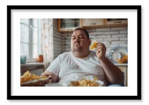 overweight man eating fast food in the kitchen