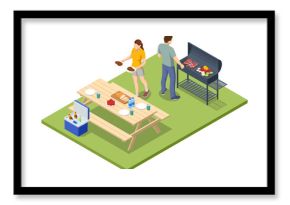 Isometric BBQ scene featuring a grill with various meats and vegetables cooking over an open flame. Outdoor barbecue, perfect for gatherings and casual summer cooking. Barbecue party by the pool.