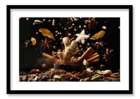 On the table there is a bowl with warm fragrant spices, among which there are cardamom, cinnamon, ginger, fennel seeds, black pepper and cloves. Preparation of Masala tea