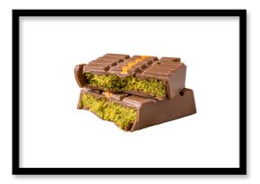 Dubai Chocolate bar with green kadayif and peanut butter on white background