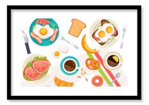 Top view food dish table meal dinner lunch breakfast menu eat ingredients concept. Vector cartoon graphic design element illustration