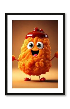 Cute Cartoon Chicken Nugget Food Character Covered in BBQ Sauce