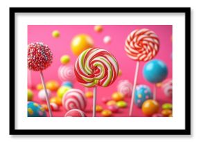 Vibrant lollipops and variously colored round candies