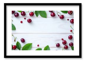 A frame of sweet, juicy cherries and leaves on a white wooden table, viewed from above. Space for text.