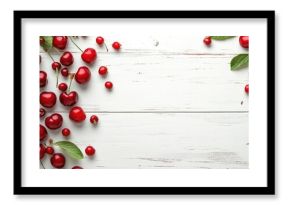 organic cherries on a white wooden table background