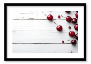 organic cherries on a white wooden table background