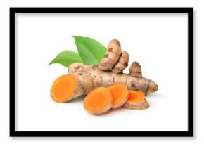 Turmeric (Curcuma longa Linn)  rhizome (root) sliced with green leaves isolated on white background.