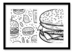 Detailed line art illustration of BurgerFast Food. Useful for branding, menus, food packaging, and logos.