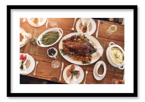 Christmas lunch, top view and food on wood table of dining room for healthy meal, festive celebration and holiday event. Formal meal, roasted chicken and healthy thanksgiving dinner party at home