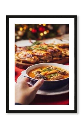 Generate a detailed eye-level full shot of a Polish Christmas Eve (Wigilia) gathering. Employ deep focus to show the festive table, traditional foods, and the family members enjoying the celebration