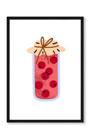 Homemade berry jam in glass jar. Sweet confiture from cranberries and cherries, lid tied with string. Preserved marmalade, seasonal spread. Flat vector illustration isolated on white background