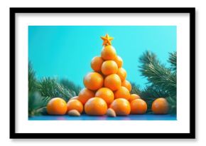 Colorful arrangement of juicy tangerines and nuts shaped like a Christmas tree, resting on spruce branches against a blue background