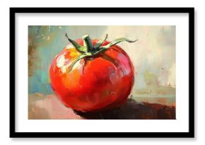 Vibrant impasto painting of a ripe red tomato with green stem and leaves, showcasing its texture and vividness on a surface