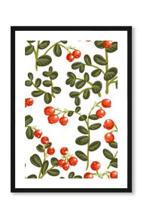 vector seamless pattern with drawing plants of lingonberry with green leaves and red berries at white background, hand drawn illustration