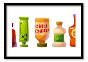 Hot chili sauce bottle. Red spicy ketchup vector. Chilly cheese and mexican spice mayonnaise condiment in container isolated on white background. Organic mayo package with wasabi tube for cooking