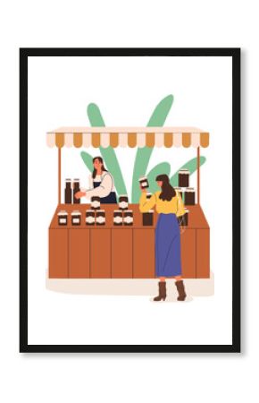 Market stall, vendor selling natural honey, jam in jars. Outdoor kiosk, street stand with customer choosing organic product, healthy farm produce. Flat vector illustration isolated on white background