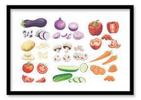 Sliced vegetables mega set elements in flat graphic design. Collection objects of hole eggplant, onion, pepper, potato, mushroom, carrot, tomato, cucumber and cutting pieces. Vector illustration.