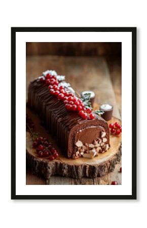 Chocolate yule log christmas cake with red currant on wooden background