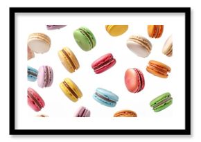 Colorful macarons on white background