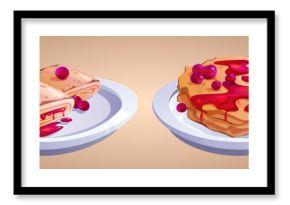 Sweet breakfast dishes served on white plates. Rolled crepes filled with cream, stack pancakes poured with red syrup. Cartoon vector desserts topped with fresh cherry berries for morning breakfast.