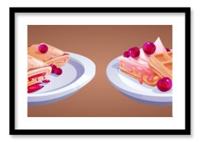 Crepe pancake food with waffle and cream on plate isolated. Belgian cake with syrup for tuesday breakfast. Cute french bakery with sweet cherry for seasoning cafe menu. Golden blini serving element