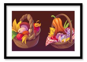 Wicker baskets filled with autumn forest and farm harvest. Bucket containing colorful fruits and vegetables, leaves and berries. Picnic carrier with mushrooms and apples, pumpkin and fall foliage.