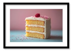 Slice of a triple layer cake with white frosting over a pink background , yummy three layers dessert with berry