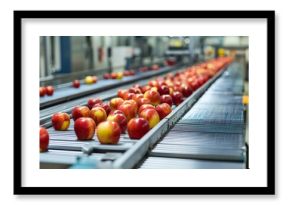 Apples on factory conveyor belt in fruit processing plant showcase industrial agriculture and food production concept