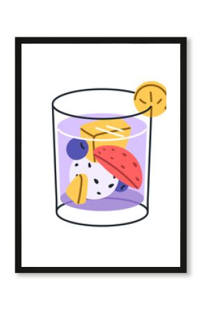 Fruit jelly dessert. Sweet jello snack, gel food in transparent glass, refreshing tasty treat. Cold gelatin juicy healthy confectionery. Flat vector illustration isolated on white background