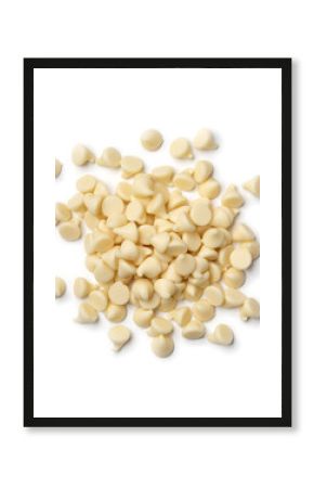 Heap of white chocolate chips close up isolated on white background