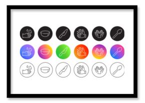 Hand washing, Spoon and Tea cup line icons. Round icon gradient buttons. Pack of Glass, Dirty mask, Hold t-shirt icon. Bowl dish, Rubber gloves, Clean hands pictogram. Vector