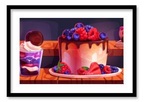 Dessert shop display with cakes and muffins. Vector cartoon illustration of shelf with chocolate pie, cheesecake, ice cream, croissant cupcakes decorated with fruit and berries, confectionery window