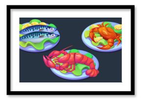 Lobster on plate. Seafood meal for dinner vector illustration. Cooked fish with lemon cartoon graphic. Mediterranean dish design for restaurant. Expensive chinese culinary. Delicious crustaceans