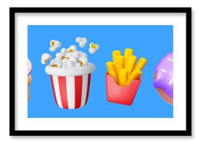 Vector illustration of set of realistic fast food icon. Bucket of pop corn, ice cream, donut and french fries. 3d style design of popcorn bucket, box of french fries, donut and ice cream. Sweet food